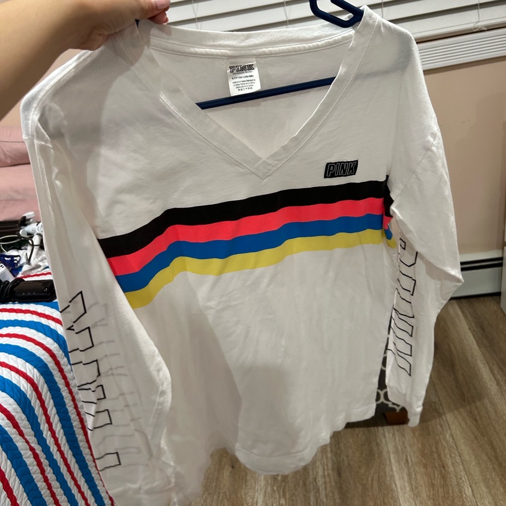 PINK Victoria's Secret White V-Neck Shirt with Black and Pink Accents